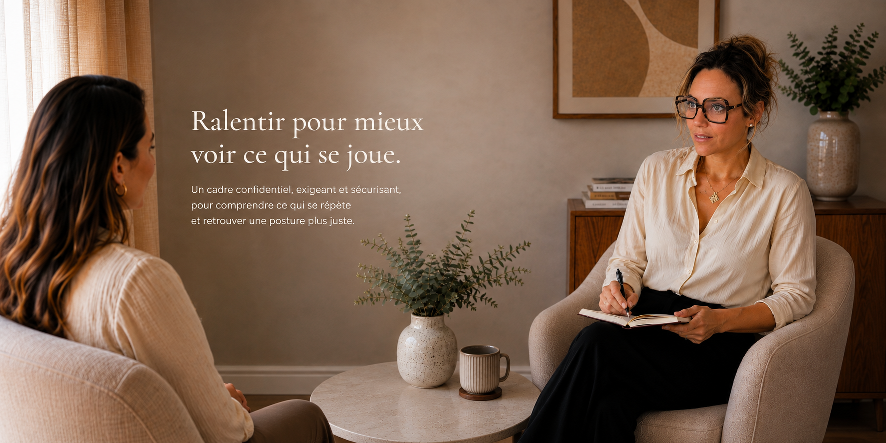 Séance de coaching : la coach écoute et prend des notes face à la personne accompagnée